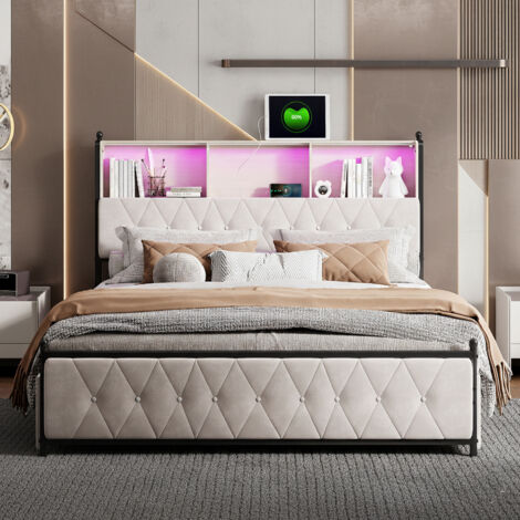 Lit 160x200 avec sommier LED et USB, lit double avec sommier à lattes et 4 tiroirs, tete de lits rembourré avec rangement, lits 2 places pour adultes, velours, beige