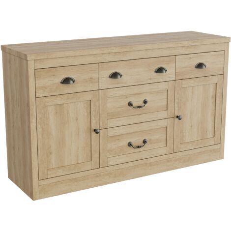 Buffet salon, commode - 135x39,8x80 cm - 5 tiroirs et 2 portes en bois - meuble de rangement - Style industriel moderne