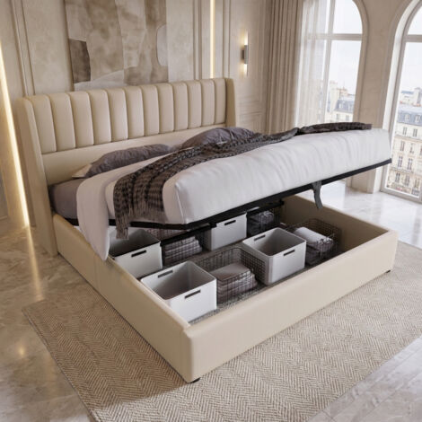 Lit coffre 160x200 cm, lit double capitonné rangement sous sommier avec mécanisme hydraulique, cadre métal et bois massif, tête de lit rembourré, beige