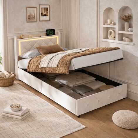 Lit coffre 90x200 avec éclairage LED et USB, lit capitonné avec espace de rangement hydraulique et tete de lit rembourré, lit simple avec sommier à lattes, velours, beige (1/5)