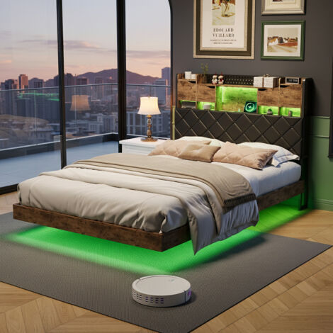 Lit double capitonné 140x200 cm, lit flottant avec éclairage LED, cadre de lit avec tête de lit réversible en bois, espace de rangement, sommier à lattes en métal, PU, noir