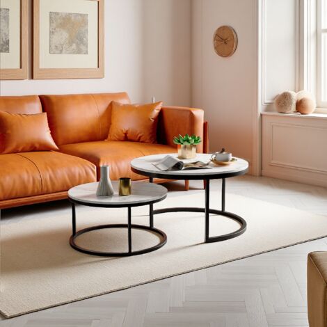 Table Basse Scandinave Gigogne 2 Pièces Φ60cm & Φ40cm, Bois Massif Marbré Pieds Métal, Noir (1/5)