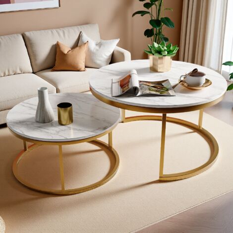Table Basse Scandinave Gigogne 2 Pièces, Doré, Bois Massif Marbré Pieds Métal, Φ60cm & Φ40cm