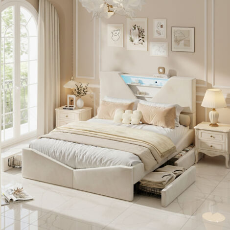 Lit capitonné 160x200 avec 4 tiroirs, éclairage LED, tête de lit avec étagères, sommier à lattes, lit double pour adultes et adolescents, velours, beige (1/5)