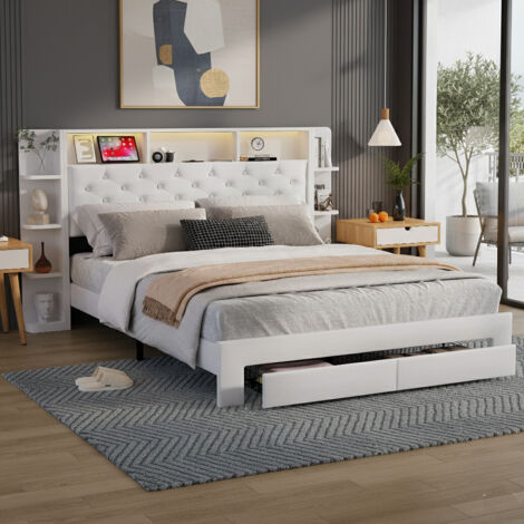 Lit 160x200 cm avec sommier LED et USB, tête de lit avec rangement, lit double pour adultes et adolescents, tissu en velours, sans matelas, blanc (1/5)