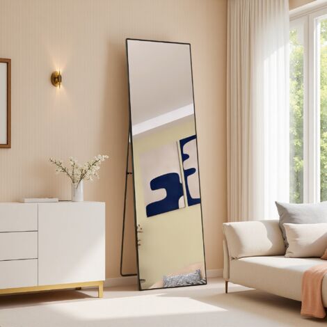Miroir Intégral, 140 x 40 cm, Miroir sur Pied, à Poser au Sol, Verre Trempé, Cadre en Alliage d’Aluminium, pour Chambre, Salon, Dressing, Noir d'encre (1/5)