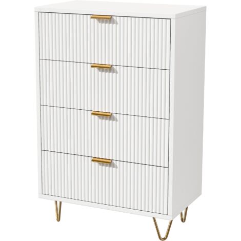 MEXUS – Commode blanche 4 tiroirs en MDF – Dimensions 34P x 60L x 91H cm – Motif ondulé avec poignées dorées – Rangement optimal