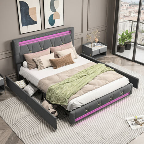 Lit double capitonné 160x200cm, lit double avec éclairage LED et charge USB, lit adulte avec 4 tiroirs, sommier à lattes, tête de lit relevable, sans matelas, gris (1/5)