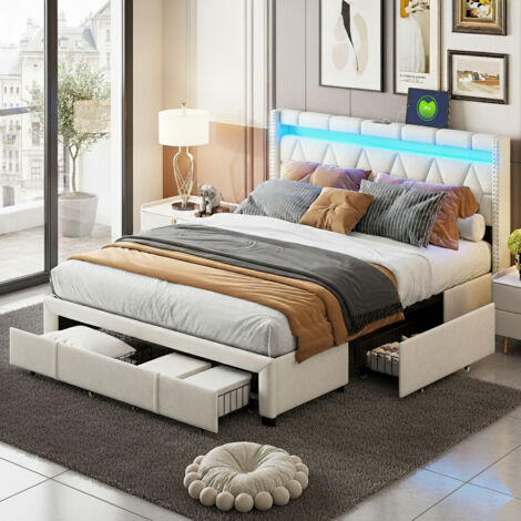 Lit double capitonné 160x200 cm avec LED, cadre de lit fonctionnel avec 4 tiroirs, lit adulte avec fonction de charge USB, sommier à lattes, beige (1/5)