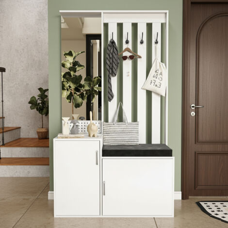 Vestiaire d'entrée avec miroir, armoire d'entrée vestiaire porte-manteau, 100x40x180 cm, meuble chaussure avec porte manteau, rangement meuble porte manteau entrée, blanc