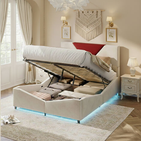 Lit coffre 160x200 cm, lit capitonné avec LED, lit double équipé de rangement et d'un sommier à lattes, sans matelas, velours, beige (1/5)