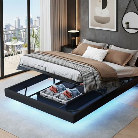 Lit double 160x200 cm, lit flottant avec USB, lit avec sommier à lattes, cadre de lit et sommier avec LED pour adulte adolescent, noir (1/5)