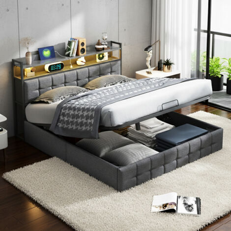 Lit coffre 160x200 cm, avec éclairage LED et port USB, lits double capitonné avec tete de lit, cadre de lit 160 x 200 cm avec sommier et rangement, lin matériel, gris (1/5)
