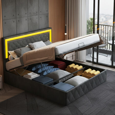 Lit double capitonné 160x200 cm, moderne lit coffre avec LED, tête de lit réglable, avec rangement, lit pour adultes adolescents avec sommier à lattes, velours, noir (1/5)