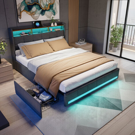 Lit Double 160x200 cm, Cadre de Lit avec 4 tiroirs et sommier à Lattes, Lit capitonné, Tête de lit LED avec Compartiment de Rangement et 2 USB, Lit 2 Personnes pour adulte, Gris (1/5)