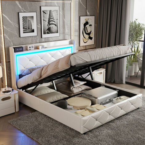 Lit coffre 140x200 cm, lit capitonné avec ports de charge USB et lumière LED, lit double équipé de rangement et d'un sommier à lattes, PU, beige (1/5)