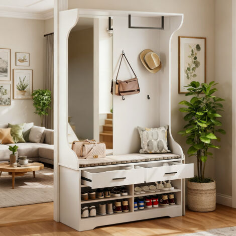 Ensemble de meubles de couloir avec armoire à chaussures, 104x35x180 cm, ensemble de meubles de couloir avec banc à chaussures, crochets, miroir et tringle à vêtements pour entrée