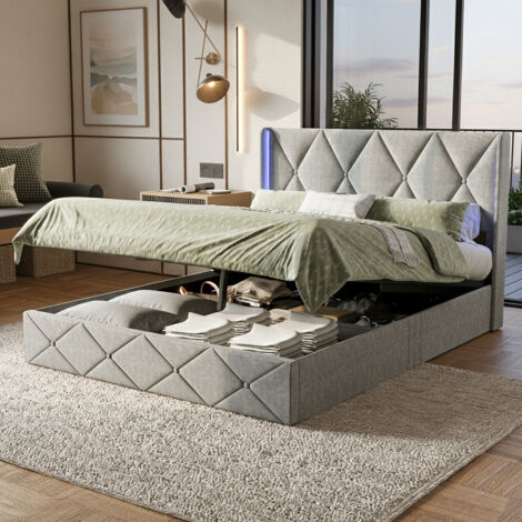 Lit coffre 140x200 cm avec sommier à lattes et tête de lit, rangement bois, cadre pour adultes, lit capitonné double avec rangement, velours, sans matelas, gris (1/5)