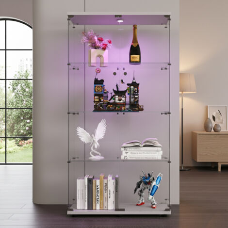 Vitrine en Verre avec LED, Armoire de Collection Moderne avec 2 Portes et Serrure, Meuble Vitrine Verre pour Collection, pour Salon, Chambre 80.5x36.5x164 cm, Blanc