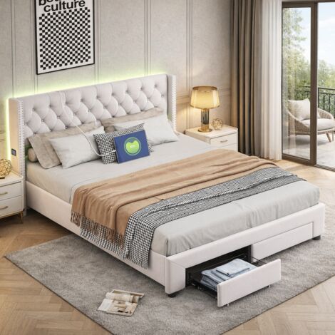 Lit 160x200 cm avec sommier, lit double capitonné, avec port de charge USB, éclairage LED, rangements et 2 tiroirs, beige, velours, sans matelas (1/5)