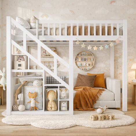Lit superposé enfant 140x200 cm, lit mezzanine multifonctionnel avec escalier de rangement et barrière de sécurité, bois massif blanc, pour garçon et fille