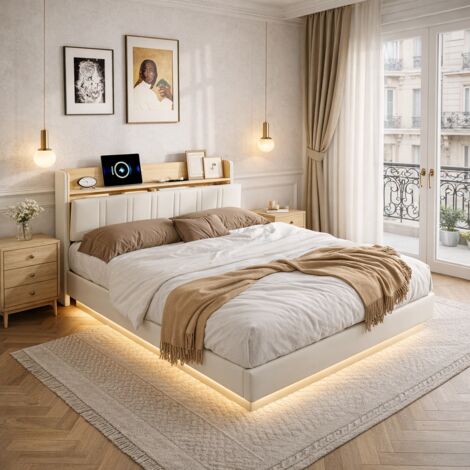 Lit flottant 160x200 cm, lit double capitonné avec sommier éclairage LED et charge USB, pour adultes et adolescents, PU, beige