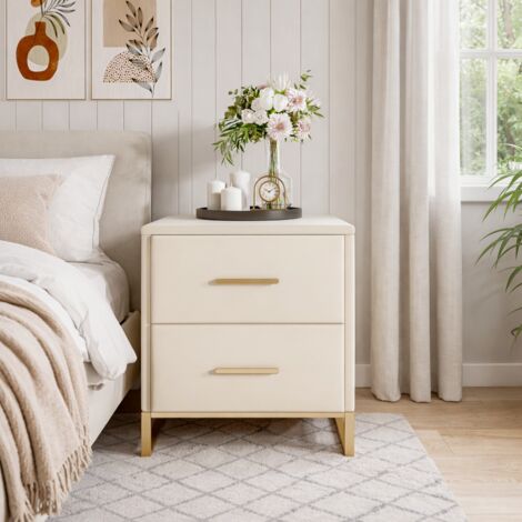 Table de chevet lot de 2, table de nuit bois avec 2 tiroirs, pieds et poignées en métal dorés tables de chevet pour chambre à coucher et salon, moderne, beige, velours+ bois