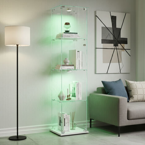 Vitrine en Verre avec LED, Armoire Vitrine pour Collection Transparent Meuble vitrine Verre avec 1 Portes à Serrure et 4 Étagères Vitrines Salon Bar, 163x40x35 cm, Blanc (1/5)