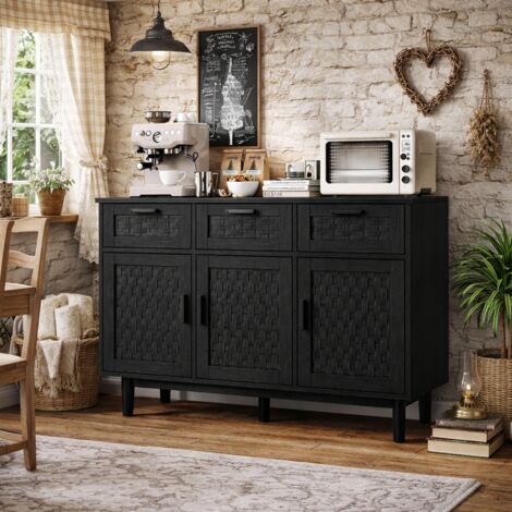 Commode 3 tiroirs et 3 porte chambre, meuble de rangement style bohème avec conception anti-basculement et cadre en bois, commode en rotin buffet pour salon, entrée, 115x40x80 cm, Noir