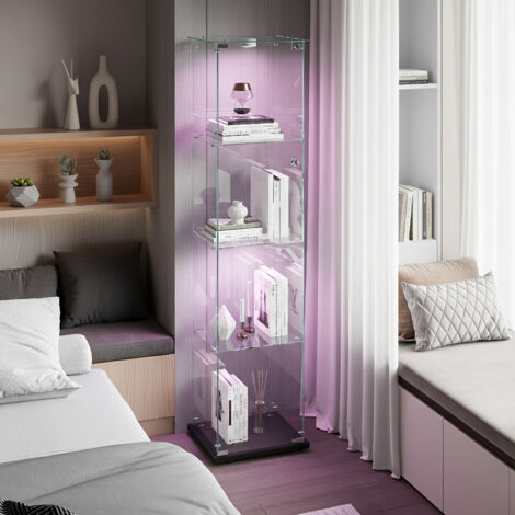 Vitrine en Verre avec LED, Armoire Vitrine pour Collection Transparent Meuble vitrine Verre avec 1 Portes à Serrure et 4 Étagères Vitrines Salon Bar, 163x40x35 cm, Noir