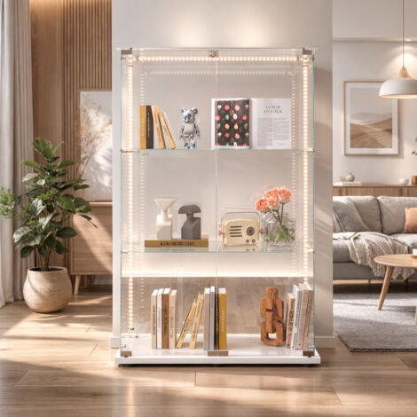 Vitrine en Verre avec Bande LED, Armoire Vitrine pour Collection Transparent Meuble vitrine Verre avec 2 Portes à Serrure et 3 Étagères Vitrines Salon Bar, 123x78.5x35 cm, Blanc