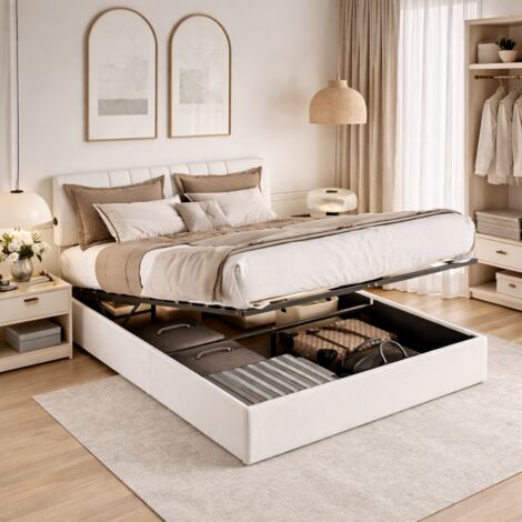 Lit Coffre 140x200 avec Sommier à Lattes et 2 USB, Lit Double capitonné 140x200 avec Tête de Lit réglable en Hauteur et Rangement Caché, Lits 2 Personnes Cadre de lit en Bois, sans Matelas