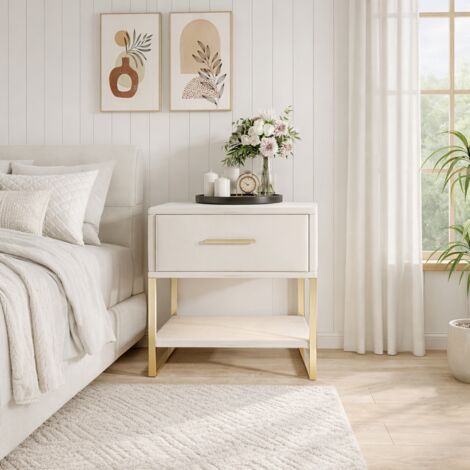 Lot de 2 table de chevet beige avec LED, table de nuit beige avec tiroir et 1 compartiment ouverts, pieds et poignées en métal dorés tables de chevet pour chambre à coucher et salon, beige