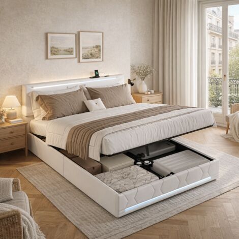 Lit double capitonné 160x200cm, lit coffre avec espace de stockage et sommier à lattes, cadre de lit avec LED et USB pour adulte adolescent, lin, beige (1/5)