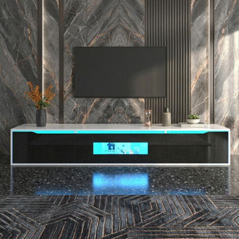 Meuble TV suspendu, meuble TV LED avec 3 portes, minimaliste avec espace de rangement, meuble TV bas pour salon, noir brillant (1/5)