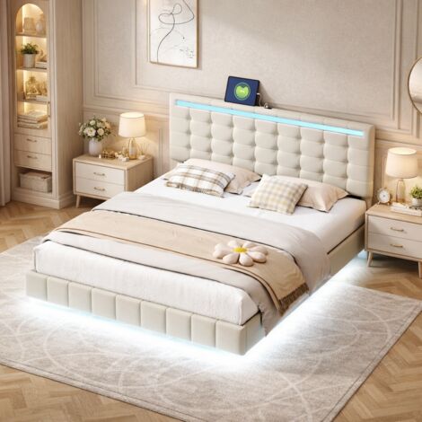 Lit Double Flottant 160x200 cm avec LED Intégrée et 2 Ports USB, Lit Rembourré en Tissu de Lin Beige, Sommier à Lattes, Cadre de Lit Métal, Tête de Lit Moderne (1/5)