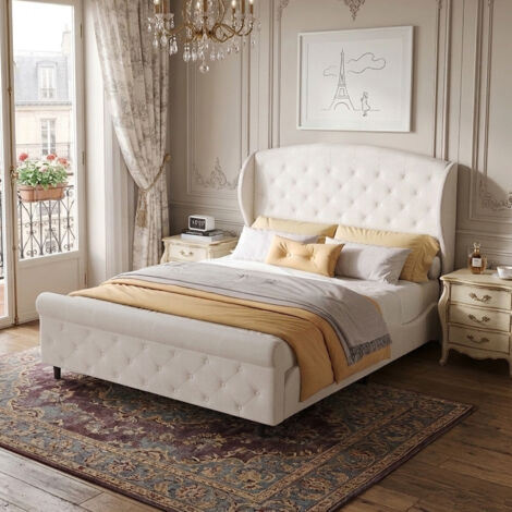 Lit Double 140x200 cm, lit capitonné avec sommier à Lattes et Tête de lits rembourré, pour Adultes et Adolescent, sans Matelas, forme de traîneau, Beige (1/5)