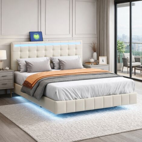 Lit Double Flottant 140x200 cm avec LED Intégrée et 2 Ports USB, Lit Rembourré en Tissu de Lin Beige, Sommier à Lattes, Cadre de Lit Métal, Tête de Lit Moderne (1/5)