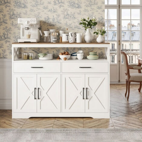 Buffet cuisine, meuble de rangement avec 2 tiroirs et 4 portes, étagère réglable, buffet salle a manger pour cuisine, salon, 140x40x105 cm, blanc (1/5)