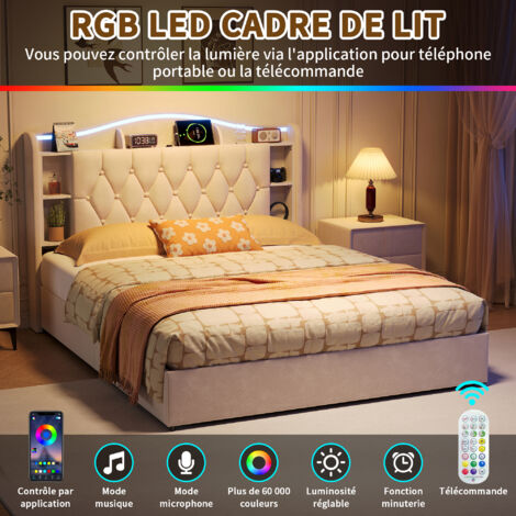 Lit Coffre 140x190 cm avec Éclairage LED et Prise USB, lit Double Hydraulique avec Étagères Ouvertes et Rangement Caché, Cadre de lit 2 Personnes avec Sommier à Lattes, sans Matelas, Velours, Beige (1/5)