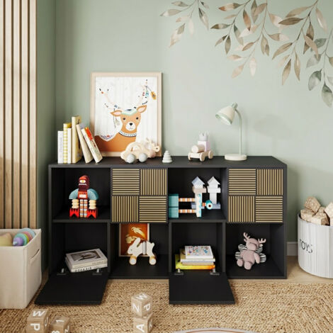 Bibliothèque à 8 compartiments, étagère ouverte, avec 4 portes, étagère de bureau, armoire, pour salon, chambre à coucher, bureau, 125x30x60 cm, Noir (1/5)