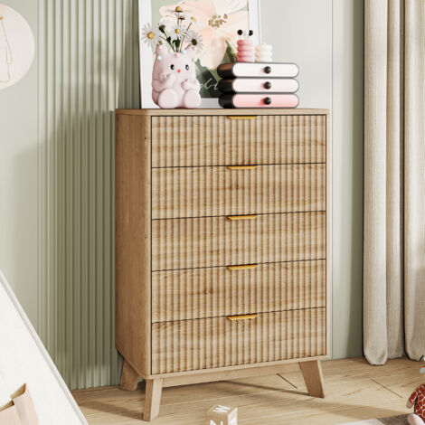 Commode à 5 tiroirs, Commode en Bois Style bohème, Armoire avec 5 tiroirs décorés en rotin Meuble de Rangement Commode Chambre pour Chambre, Salon,Entrée Bureau, 73x40x108 cm