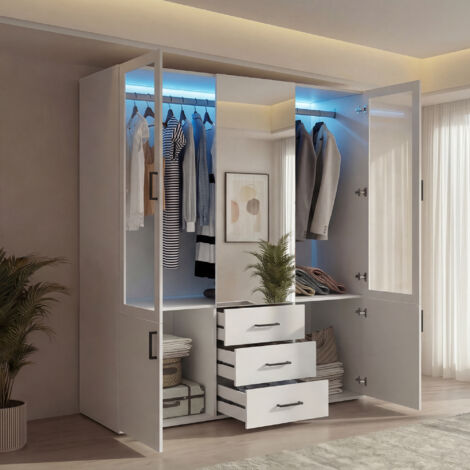 Armoire Chambre Adulte avec éclairage LED, Armoire 4 Portes et 3 tiroirs Armoire 180 cm Meuble de Rangement avec Miroir Armoire de Rangement Chambre, 130x52x181.5 cm, Blanc