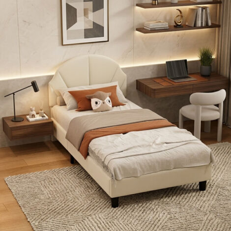 Lit Enfant 90x200 cm, lit Simple capitonné avec tête de lit réglable et sommier à Lattes, adapté aux Filles, Adolescentes, Velours Doux pour la Peau, sans Matelas, Beige (1/5)