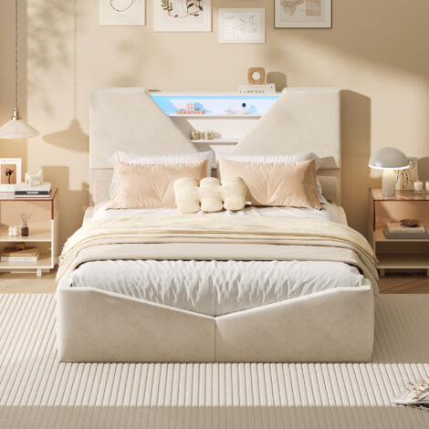 Lit Coffre 140x190 cm avec Sommier à Lattes, Lit Double en Velours avec Rangement, Éclairage LED, Cadre de Lit pour Adultes et Adolescents, Beige (1/5)