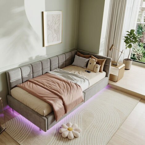 Lit simple Capitonné 90x200 cm, canapé-lit avec LED et espace de rangement hydraulique, cadre de jour, lit de jour, lit de jour, lit pour adolescent, lit d'enfant, avec sommier à lattes, Gris (1/5)