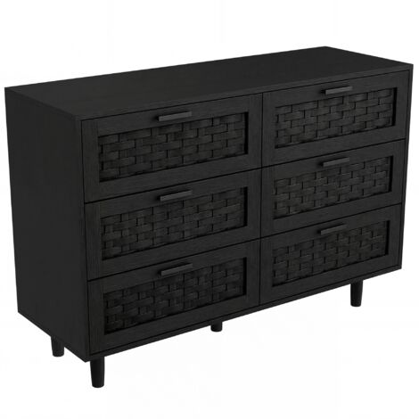 Commode 115x40x80 cm avec 6 tiroirs – Poignées – Structure en bois massif et MDF – Idéale pour rangement chambre ou bureau – noir