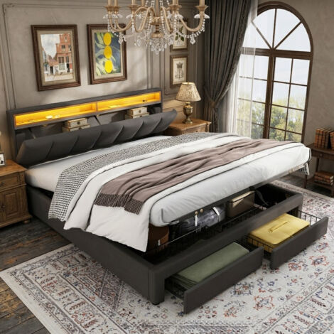 Lit Double Adulte 160x200 cm, lit coffre avec sommier et LED, Lit capitonné avec grand espace de rangement et 2 Tiroirs, Cadre de lits avec sommier à Lattes pour Adulte Adolescent, Gris (1/5)