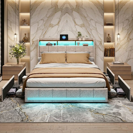 Lit Double Capitonné 160x200 cm avec LED et USB - Cadre de lit Moderne avec tête de lit, sommier à Lattes, 4 tiroirs de Rangement - Parfait pour Adultes et Adolescents - Lin Beige (1/5)