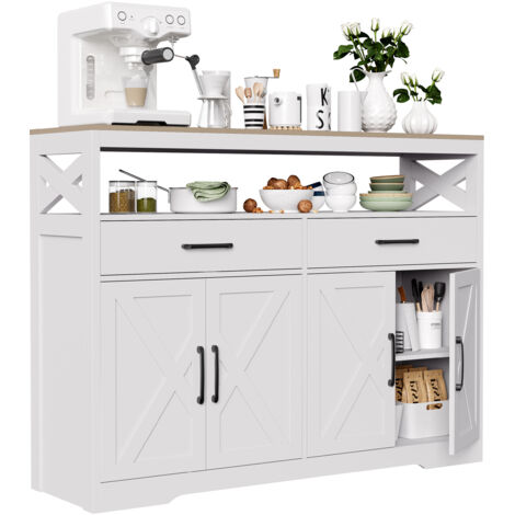 Buffet Salon Moderne avec 4 Portes et 2 tiroirs, Commode Rangement 140 x 40 x 105cm, Panneau de particules, Blanc (1/5)